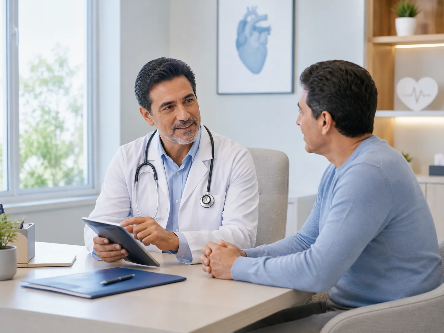 Un cardiólogo de Sanelvia revisa junto a una paciente los resultados de una evaluación cardiovascular en un consultorio luminoso.