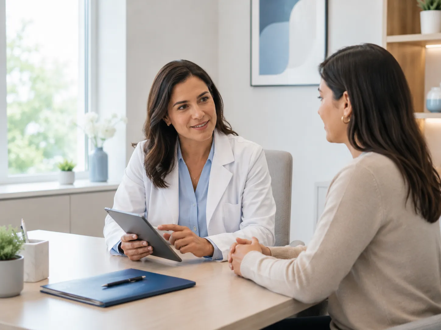 Ginecóloga conversando con una paciente durante una consulta
