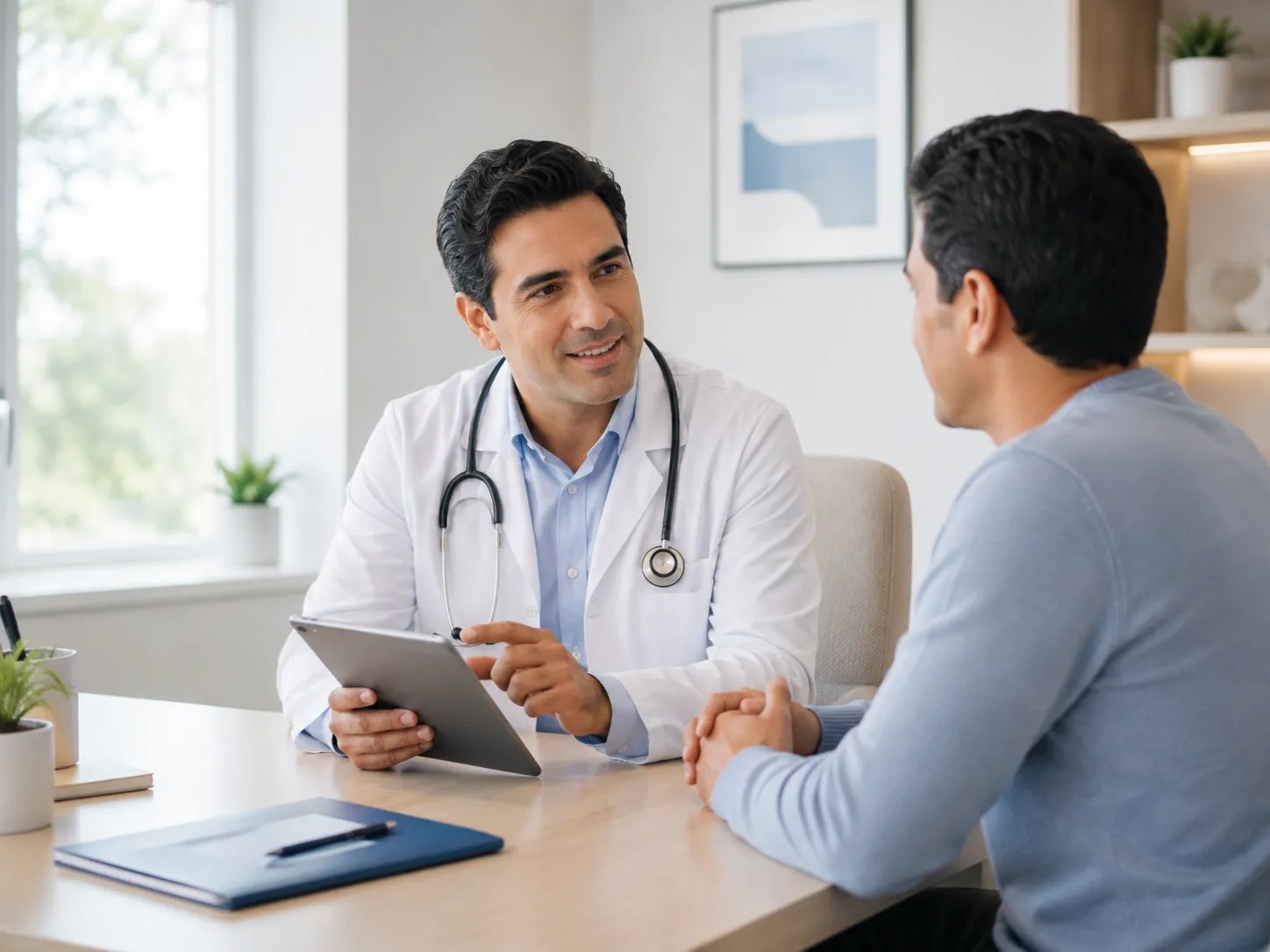 Médico de Medicina General conversando con un paciente durante una consulta.