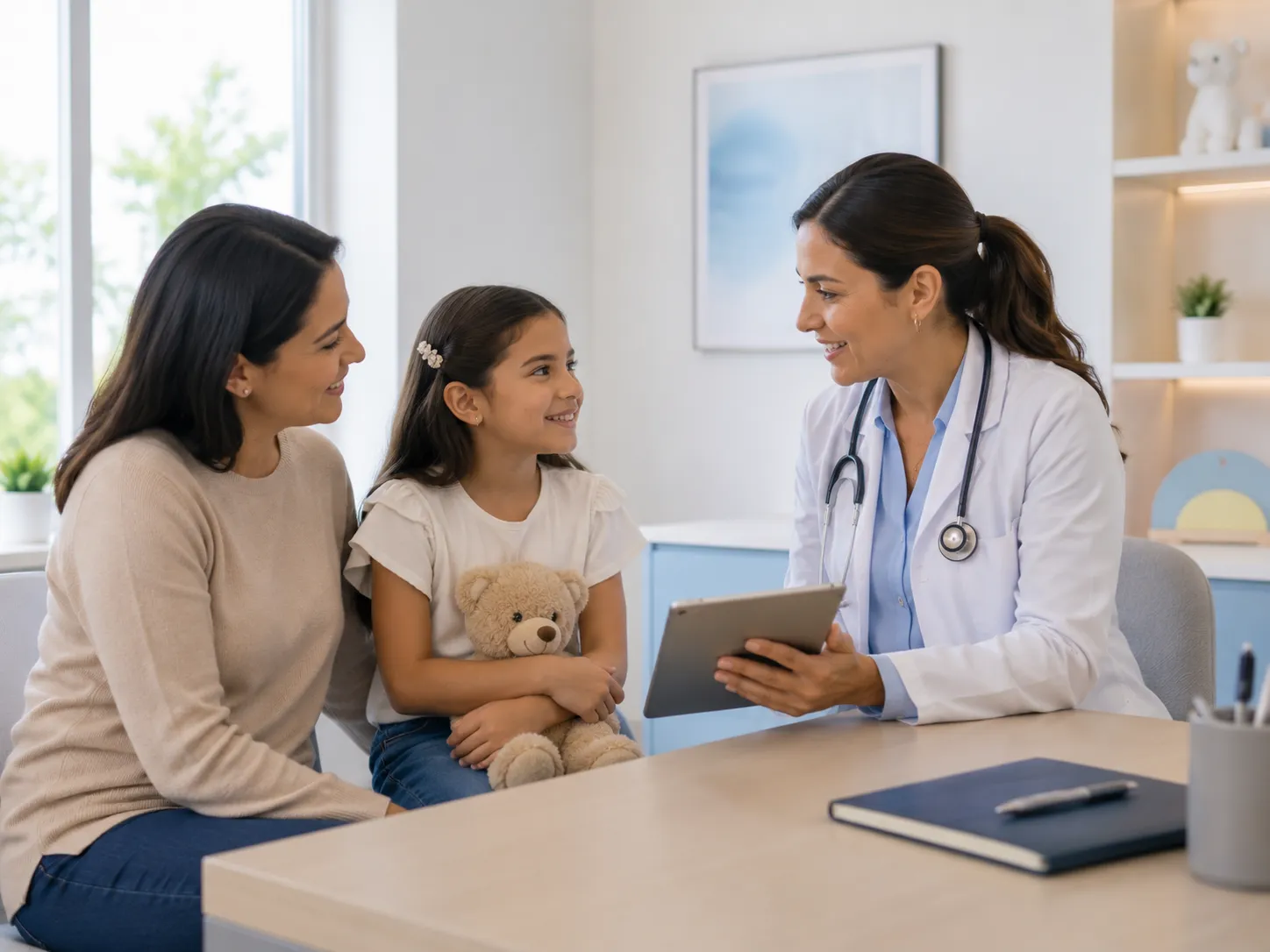 Pediatra conversando con una niña y su madre durante una consulta