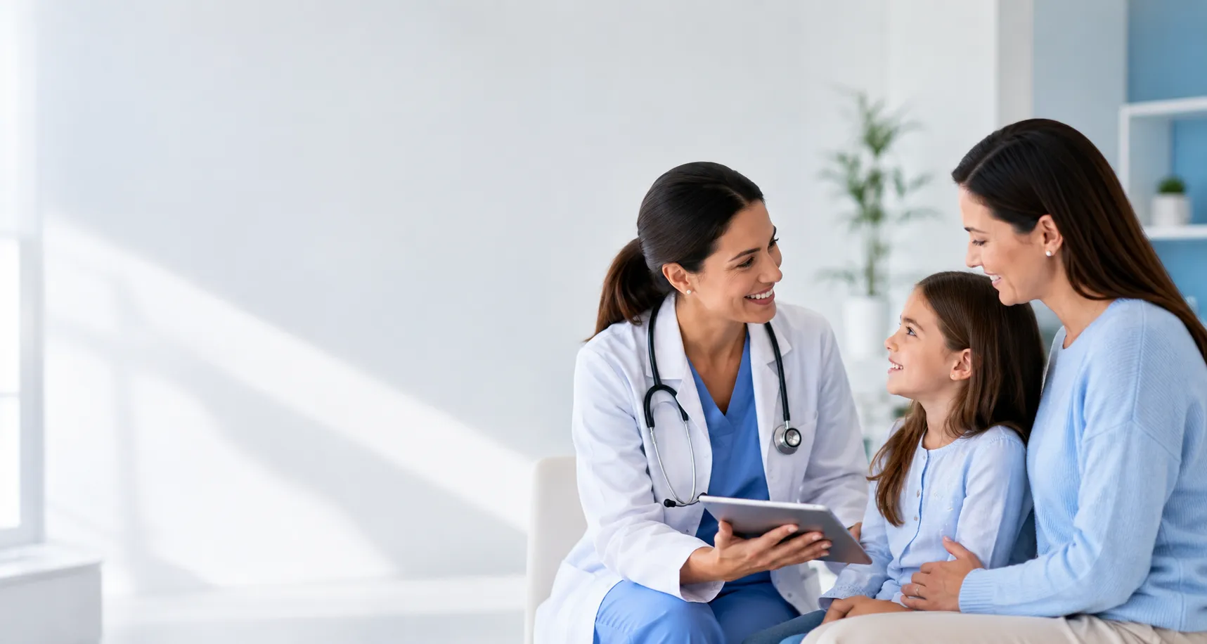 Una doctora de Sanelvia sonríe mientras muestra información en una tableta a una niña y su madre durante una consulta.