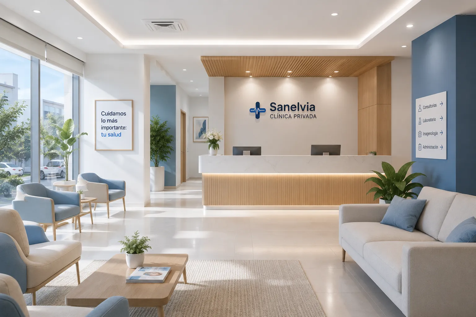 Recepción moderna de Sanelvia con sofás en tonos beige y azul, luz natural y el logotipo de la clínica sobre el mostrador principal.